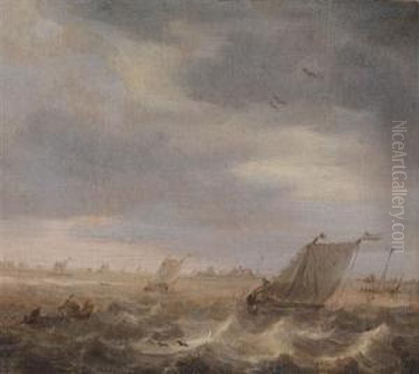 Fishing Boats Off The Coast, On A Choppy Sea Oil Painting by Abraham Susenier