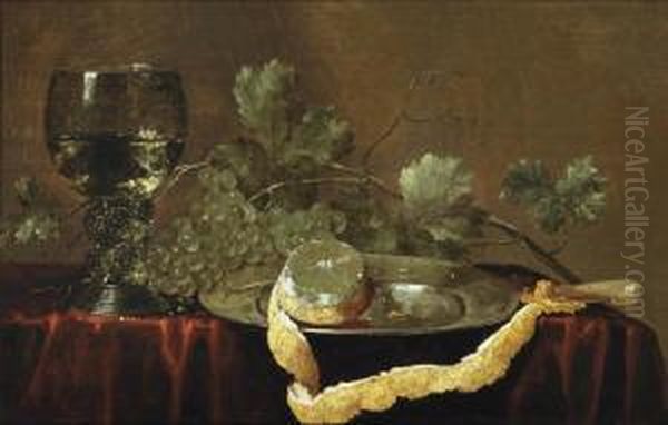 A Partially Peeled Lemon On A Silver Platter, A Knife, Grapes And A 'roemer' Of White Wine On A Draped Table Oil Painting by Abraham Susenier