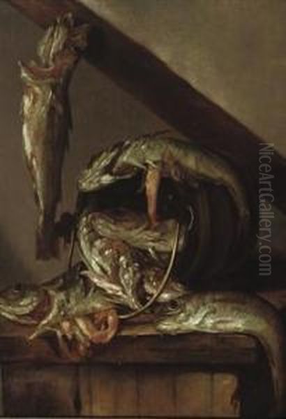 Haddock By A Bucket On A Wooden Table Oil Painting by Abraham Susenier