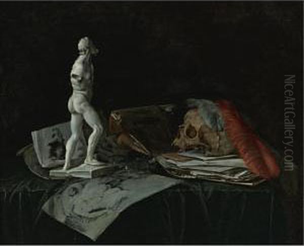 Vanitas Still Life With A Skull, Feathers, An Overturned Roemer, A Sculpture And A Portfolio Of Drawings Oil Painting by Abraham Susenier