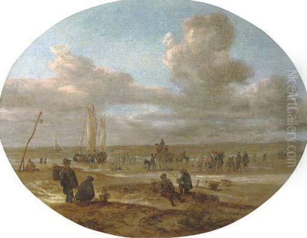 Fishermen Trading On A Beach With A Sailing Vessel In Rough Waters Beyond Oil Painting by Abraham Susenier