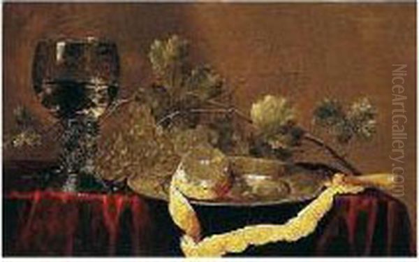 A Still Life Of A Peeled Lemon On A Pewter Dish, Grapes, And A Roemer, All On A Table Draped With A Red Cloth Oil Painting by Abraham Susenier