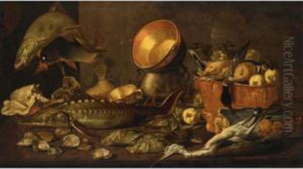 A Still Life With A Sturgeon, A Carp And Other Fresh-water 
 
 
 
 
 
 
 
 
 
 
 
 
 
 
 
 
Fish, Together With Copper Bowls, Shells, Oysters, Ducks In A Bucket, And A Heron, All On A Wooden Table Oil Painting by Gian Francesco Susini