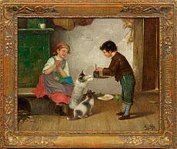 Bauernkinder Mit Katzenund Tauben Oil Painting by Josef Johann Suss