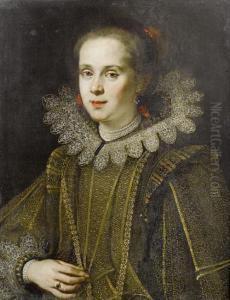 Portrait Of A Lady, Half-length, In A Gold Embroidered Dress With A White Collar And A Pearl Necklace Oil Painting by Justus Sustermans