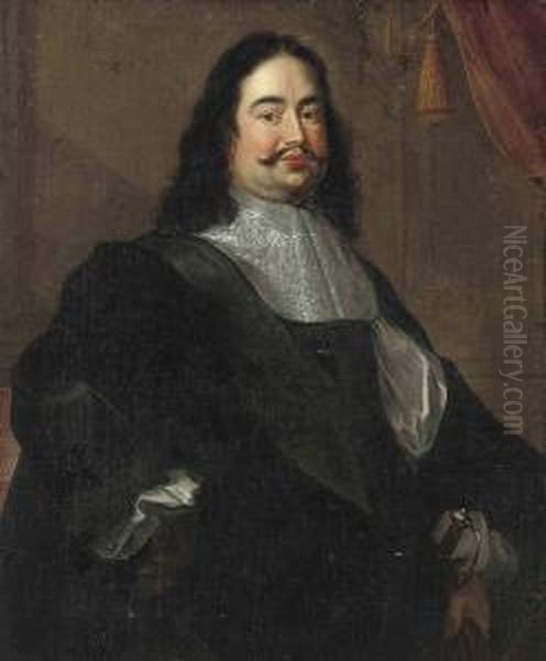 Portrait Of A Gentleman, Three-quater-length, In Black Robes And Awhite Lace Collar, His Left Hand Resting On A Sword Oil Painting by Justus Sustermans