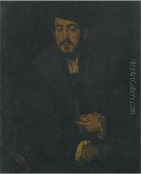 Portrait Of A Gentleman, Half Length, Wearing A Black Cap, A Furcollar And Lace Cuffs by Lambert Sustris