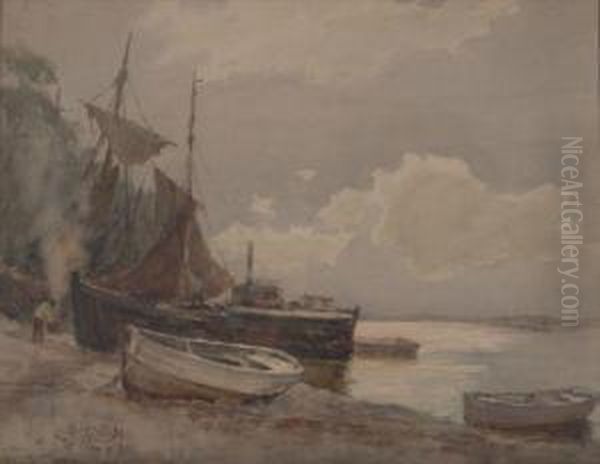 Boats In Harbor Oil Painting by Lester Sutcliffe