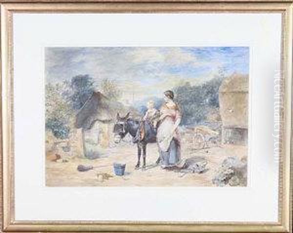 Farmyard Scene With A Child Riding A Donkey Watched By His Mother Oil Painting by Thomas Sutcliffe