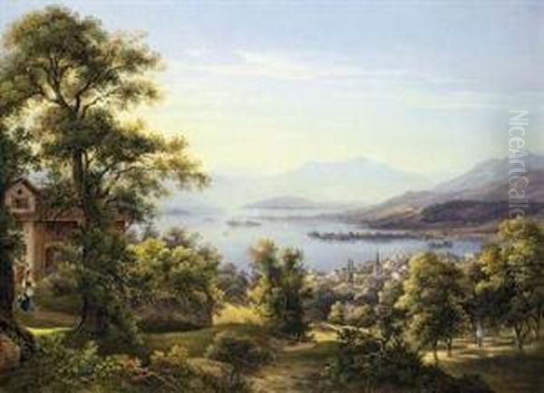 View Of Horgen On The Lake Of Zurich, Switzerland Oil Painting by Jakob Suter