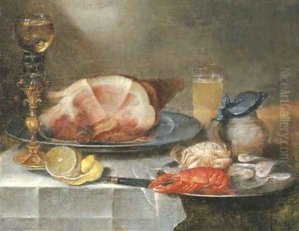 A ham, a lobster, a crab and shrimps on pewter plates with a roemer on a gilt stand, a glass of beer, an earthenware jug Oil Painting by Alexander Adriaenssen