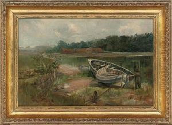 Tethered Boats Beside The River, Whitby Oil Painting by Robert Lewis Sutherland