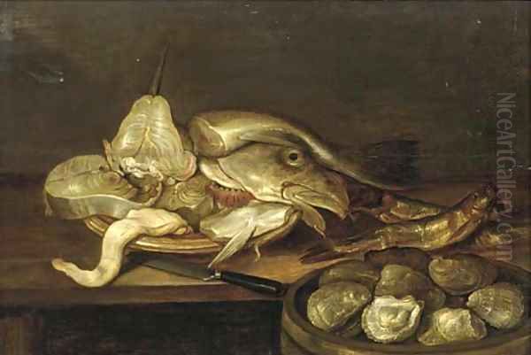 A bowl of clams with a plate of fish and oysters on a table Oil Painting by Alexander Adriaenssen