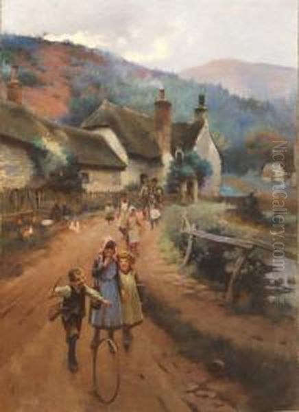 Children In A Lane Before Cottages Oil Painting by Leghe Suthers