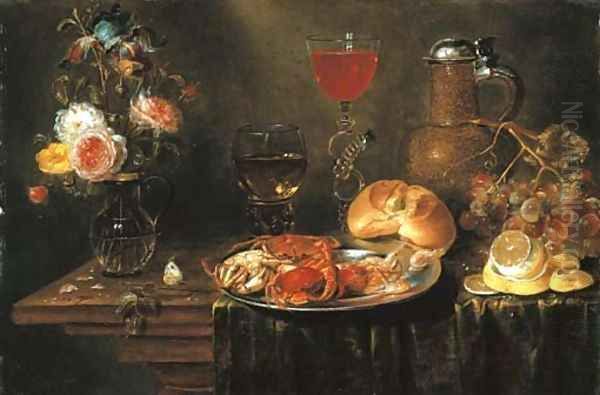 Roses and an iris in a glass vase, crabs and prawns on a pewter platter, a Facon-de-Venise wineglass, a stoneware ewer, a bunch of grapes Oil Painting by Alexander Adriaenssen