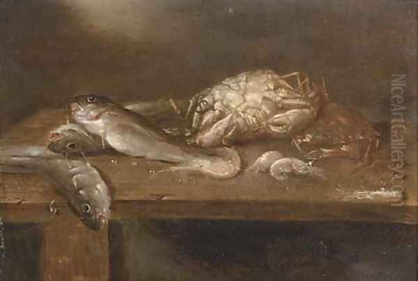 Crabs, pikes and shrimp on a wooden ledge Oil Painting by Alexander Adriaenssen