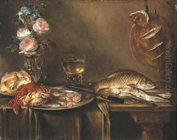 Roses and an iris in a glass vase, crabs and prawns on a pewter platter, a bread roll, a roemer and fish on a partly draped table Oil Painting by Alexander Adriaenssen