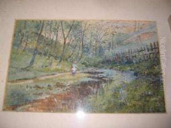 Figure Walking Along A Riverside Path Oil Painting by James H. Sutton