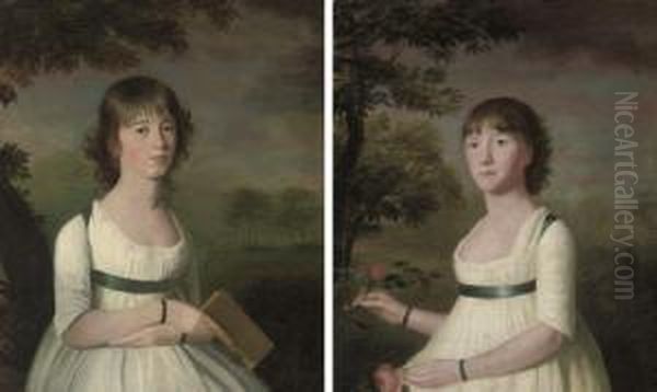 Portrait Of A Young Girl, Half-lengh In A White Dress With A Blue Sash, A Book In Her Right Hand, In A Landscape; And Portrait Of A Young Girl, Half-lengh, In A White Dress With A Blue Sash, Roses In Her Hands, In A Landscape Oil Painting by John Sutton