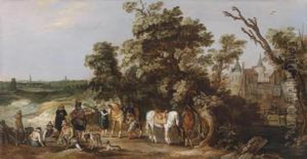 Horsemenresting By A Dutch Palace Oil Painting by Reyer Claesz. Suycker