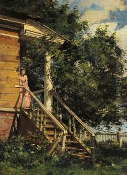 Estate, 
Donna Sul Balcone - Oil Painting by Aleksandr Alexandrovich Svedomskij