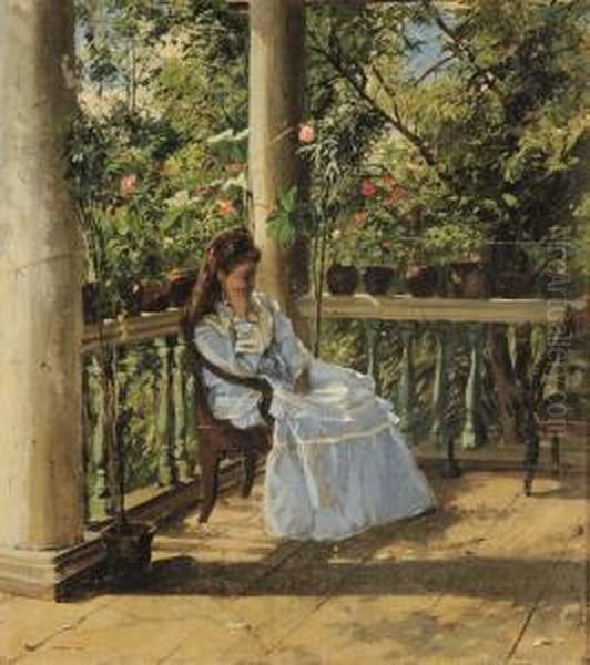 In Veranda, 
Casa Padronale A Michajlovskij Zavod (ragazza Seduta In Abito Bianco) Oil Painting by Aleksandr Alexandrovich Svedomskij