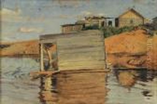 Case Sulla Riva Dello Stagno A Michajlovskij Zavod Oil Painting by Aleksandr Alexandrovich Svedomskij