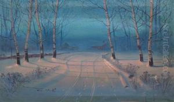 Snowy Road Oil Painting by Svend Rasmussen Svendsen