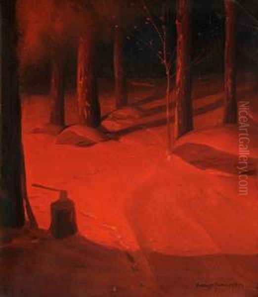 Winter Nocturne By Firelight Oil Painting by Svend Rasmussen Svendsen