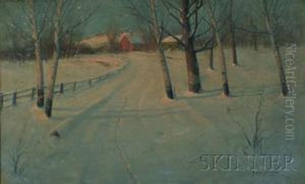 Country Road With Birches And Barn Oil Painting by Svend Rasmussen Svendsen