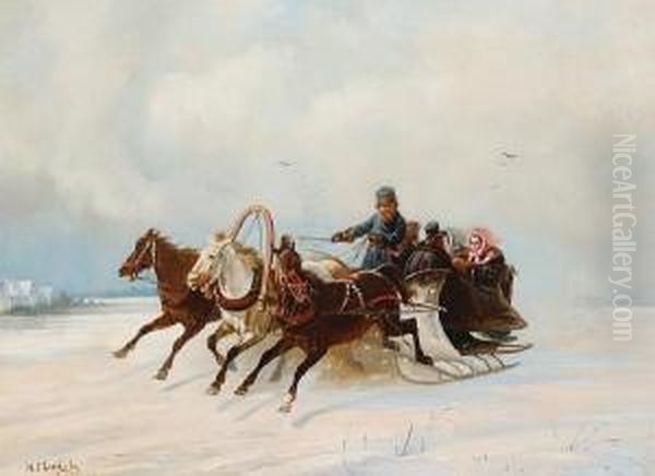 A Troika Ride Through The Snow Oil Painting by Nikolai Egorovich Sverchkov