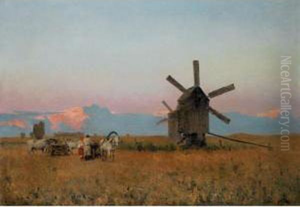 Landscape With Windmill Oil Painting by Sergei Ivanovitch Svetoslavsky