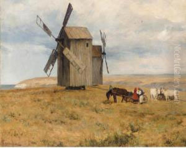 Windmill On The Plain Oil Painting by Sergei Ivanovitch Svetoslavsky