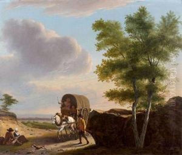 Paysans Dans Une Carriole Passant Devant Des Manants Oil Painting by Frans Swagers