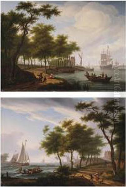 A River Landscape With Figures On A Path To The Left, A View Of Atown, Said To Be Dordt, In The Distance; Oil Painting by Frans Swagers