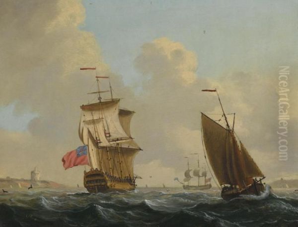 Two British Men Of War And A Fishing Boat Under Sail Off The Coast Oil Painting by Francis Swaine