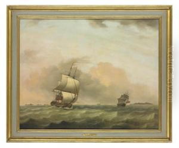 Two British Men-o'war Heeling In The Breeze Offshore Oil Painting by Francis Swaine