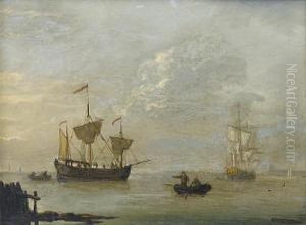 A Coastal Trader Anchored Offshore In A Calm, With An English Frigate Beyond Oil Painting by Francis Swaine