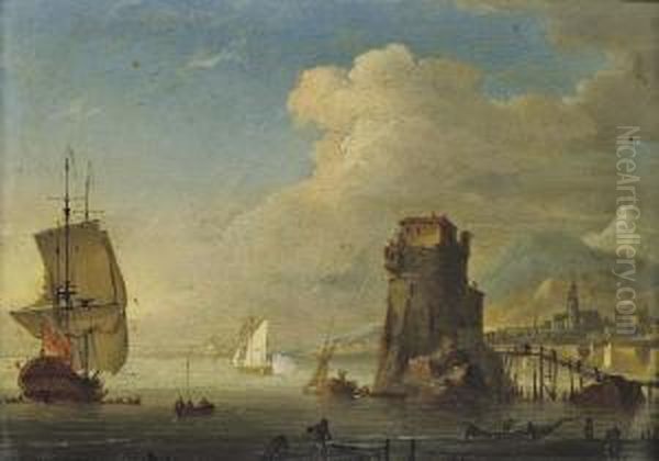 An English Warship At Anchor Off A Fortified Port With An Admiralty Yacht Firing A Salute To Signify Her Departure Oil Painting by Francis Swaine