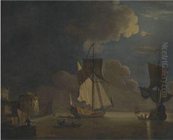 British Shipping In A Harbour By Moonlight Oil Painting by Francis Swaine