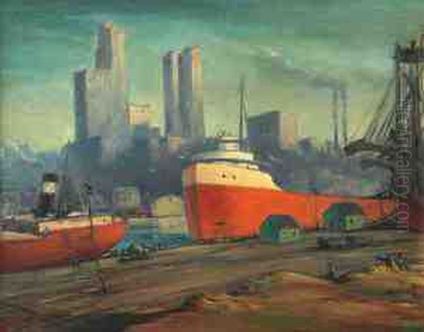 Industrial Harbor Scene Oil Painting by John F. Swalley