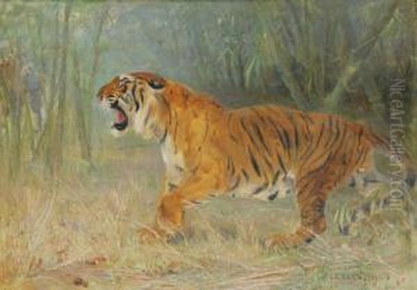 Brullende Tijger In De Jungle Met Olifantenstoet In De Verte Oil Painting by Cuthbert Edmund Swan