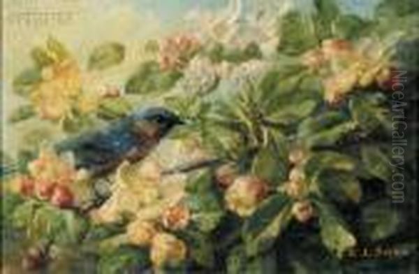 Blue Bird Perched On A Cherry Blossom Oil Painting by Emma Levina Swan