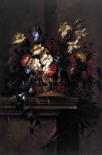 Basket of Flowers on a Plinth 1664 Oil Painting by Juan De Arellano