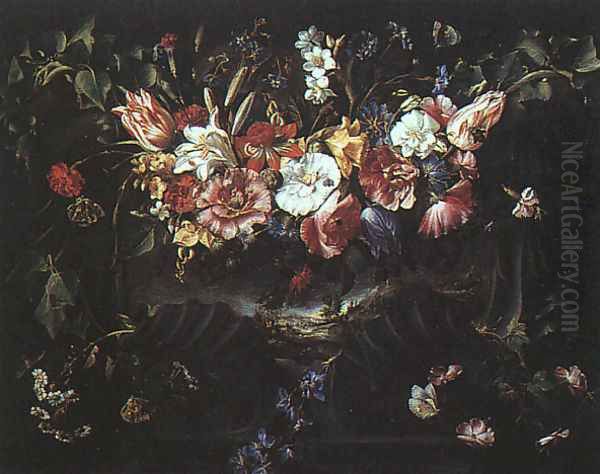 Garland of Flowers with Landscape, 1652 Oil Painting by Juan De Arellano