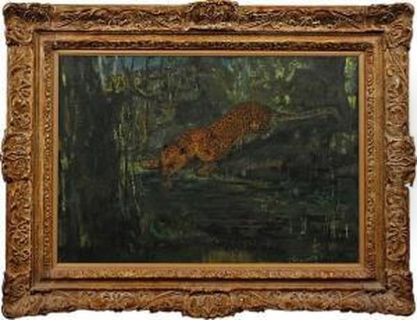 Leopard Drinking At A Pool Oil Painting by John Macallan Swan