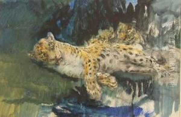 Leopardess And Cubs Oil Painting by John Macallan Swan