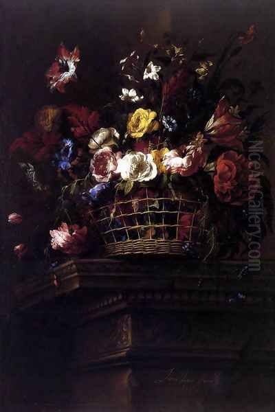 Basket of Flowers on a Plinth 2, 1664 Oil Painting by Juan De Arellano