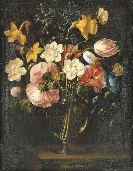 Roses, clematis, a tulip and other flowers in a glass vase on a wooden ledge with a butterfly Oil Painting by Juan De Arellano