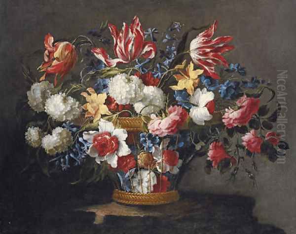 Snowballs, daffodils, tulips, roses and other flowers in a wicker basket on a ledge Oil Painting by Juan De Arellano